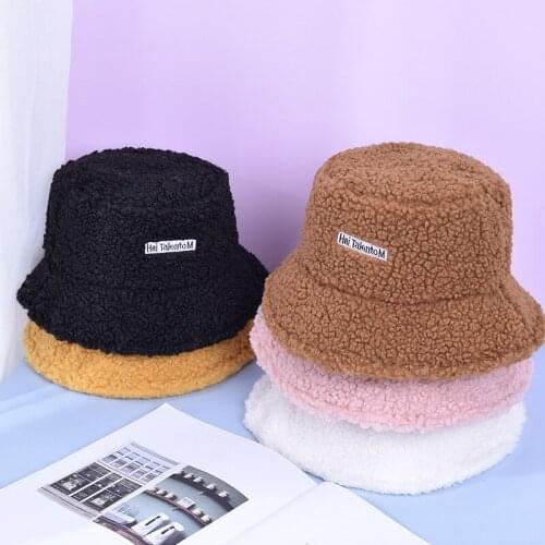 Lamb Faux Fur Bucket Hat Thickened Warm Teddy Velvet Winter Hats for Women Lady Bob Panama Outdoor Plush Female Fisherman Hat