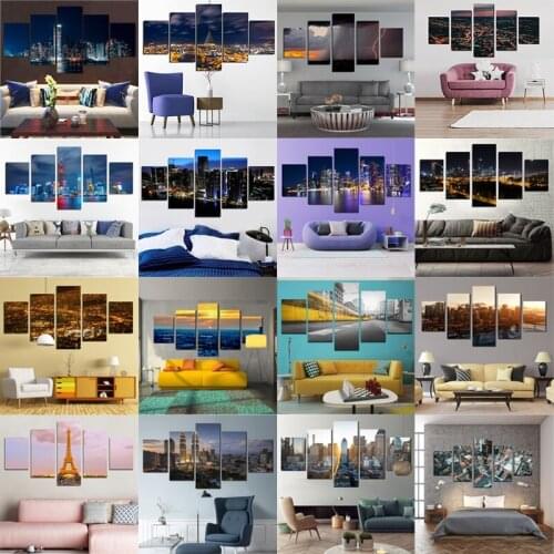 Landscape Decoration Painting 5Pcs High-Rise Building Urban Night View Paris Tower Colorful Sky Canvas Painting for Living Room