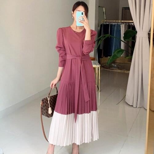 Pinkou Women Stylish Pleated Midi Dress Patchwork Long Sleeve Bow Tie Sashes Elegant Female Basic Casual Dresses Mujer QA136