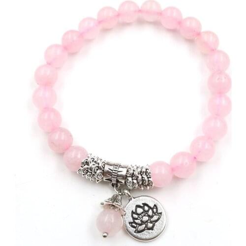 Silver Plated Lotus Flower Connect Rose Pink Quartz Round Beads Stretchy Bracelet Malachite Stone Classic Style Jewelry