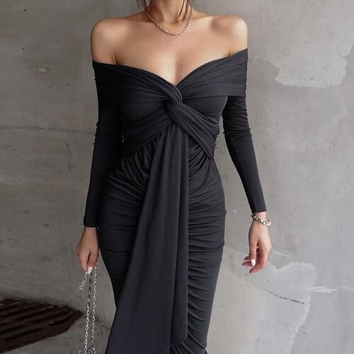 Women Spring Fashion Sexy Off Shoulder Ruched Black Draped Knee Length Bandage Dress 2021 Elegant Evening Party Dress Vestidos