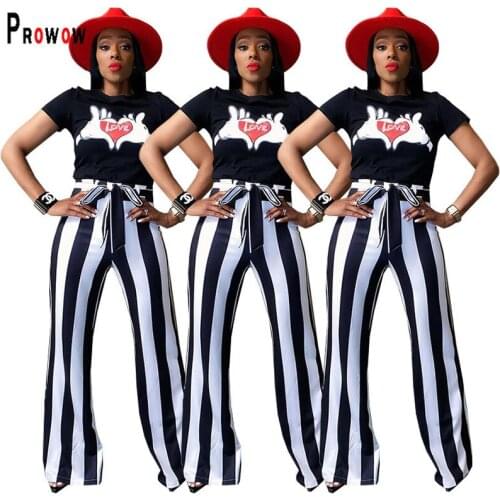 Prowow Women Clothing Set Black T-shirt Striped Pant Two Piece Matching Suits 2021 New Summer Casual Female Streetwear Outfits