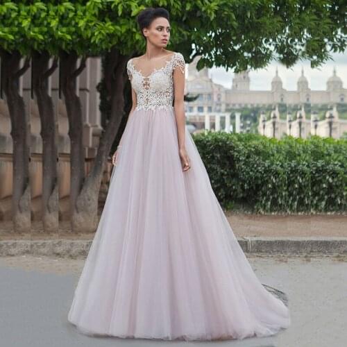 On Sale Gorgeous Blush Lace Prom Party Dresses Long Cap Sleeves Illusion Neckline Wedding Party Gowns Buttons Back Appliqued