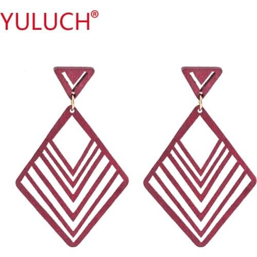 YULUCH New Design Wooden Geometric Shape Rhombic Shaped Hollow Out Stud Earrings for Retro Fashion Women Jewelry Gifts