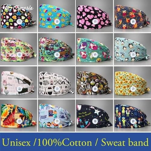 Unisex Operating Room Doctor Hat Nurse Surgery Caps Cotton Print Adjustable Pet Clinic Medical Hat with Button Nurse Accessories