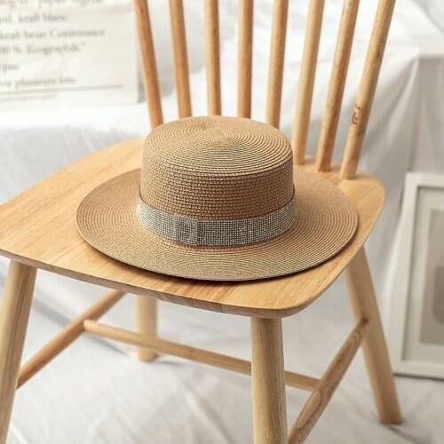 Straw Hat Retro Gold Braided Hat Female Loose Sunscreen Sunshade Flat Cap Visors Hats Church Hat Sun Hat Artificial Diamond Belt