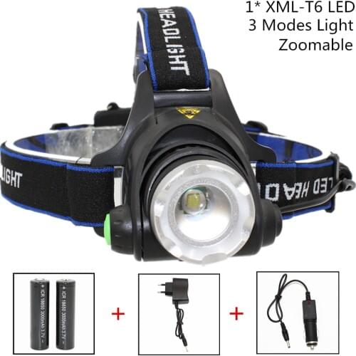 LED Headlight XM-L T6 LED 1000LM Headlamp Light 3 Modes Zoomable Lantern Camping Hunting Flashlight Torch 18650 Battery +Charger