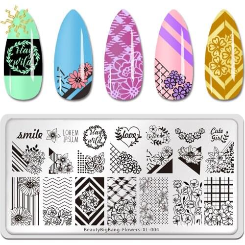 BEAUTYBIGBANG Nail Stamping Plates Flower Plaid Lines Mixed Pattern Nail Art Image Design Tools Stamp Template Stencil