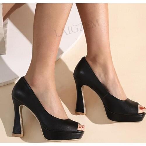LAIGZEM FASHION Women Pumps Genuine Leather Peep Toe Chunky Block Heels Office Ladies Dress Shoes Woman Plus Size 33 41 39 43