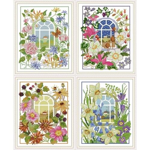 The Four Seasons Scenery Window Cross-stitch Embroidery with Printed Pattern Paintings DMC 11CT and 14CT Cross stitch Kits