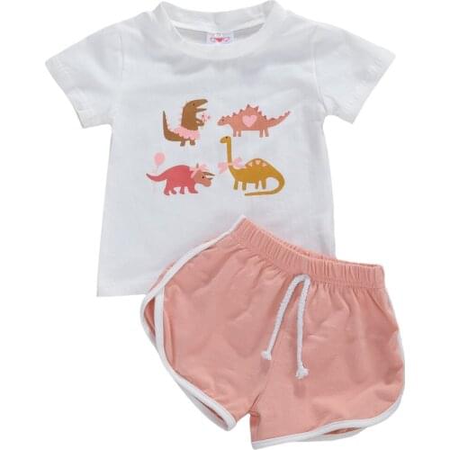 0-4Y Summer Kids Baby Girls Lovely Clothes Cartoon Dinosaur Animal Print Short Sleeve T Shirt Solid Pink Shorts Cotton 2pcs