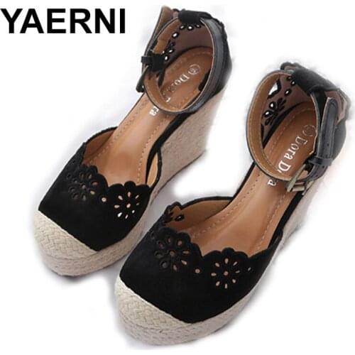 YAERNI Womens Espadrilles Wedge 2021 New Sandals Skirt Hollow Single Shoes Womens Fashion Pointed High Heels Thick BottomStraw