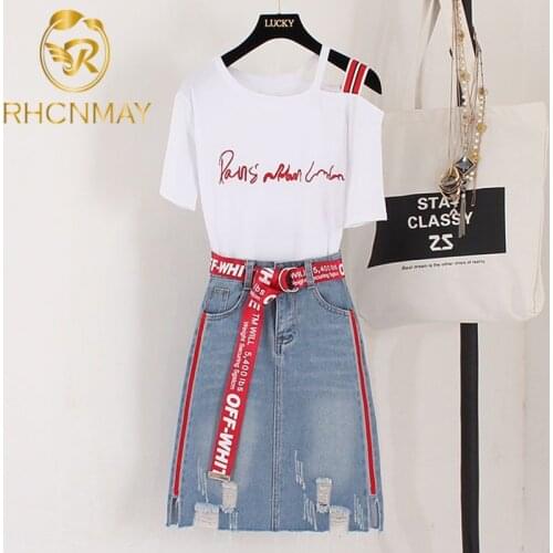 New Summer Women 's Denim Skirt Suit Embroidery Letter Slash Neck T-shirt + Sashes Tassel Jean Skirt 2 Piece Set