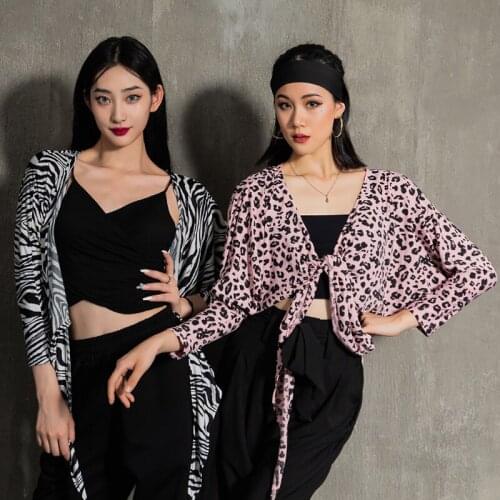 Latin Dance Clothes Women Pink Leopard Coat Warm Up Practice Tops Long Sleeves Samba Rumba Performance Costume Dance Wear BL6814