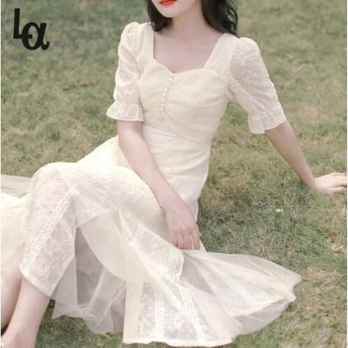 Luck A Summer French Vintage Dresses Women Solid Designer Slim Elegant Fairy Dress Casual Patchwprk Holiday Party Dress 2021 New