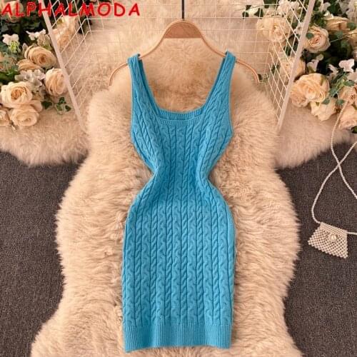 ALPHALMODA 2021 Summer Twist Knitted Dress Womens New Style Square Collar Slim Fit Short Tank Dresss Chic Mini Pullovers