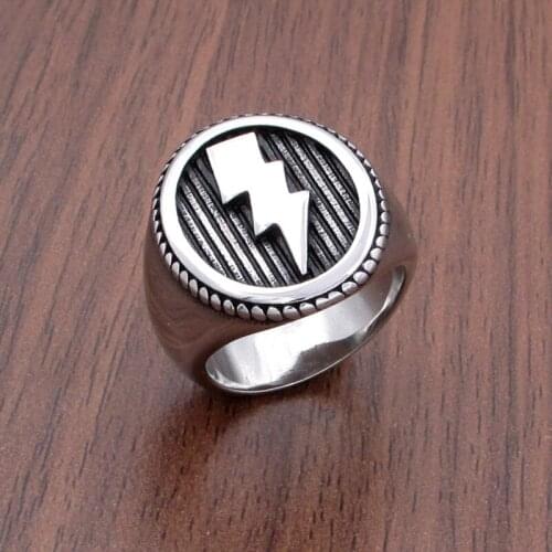 Free Shipping Punk 316L Stainless Steel Geometric Round Big Wide Mens Signet Vintage Lightning Pattern Ring Jewelry For Gift