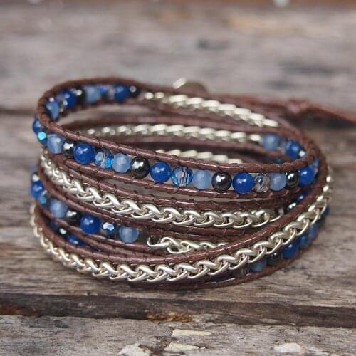 Blue Stones Stainless Steel Chain Wrap Bracelet for Women Men Hematite Crystal Beads Bracelets Accessories Gift for Girl Man