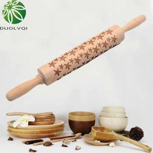Wooden Pastry Dough Embossing Rolling Pin Practical Christmas Elk Print Rolling Pins Cookies Pizza Engraved Roller Kitchen Tools