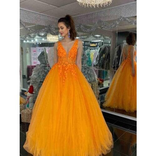 Tulle Appliques Long Prom Dresses 2021 Double V Neckline Formal Evening Party Gowns A Line Robes De Soirée