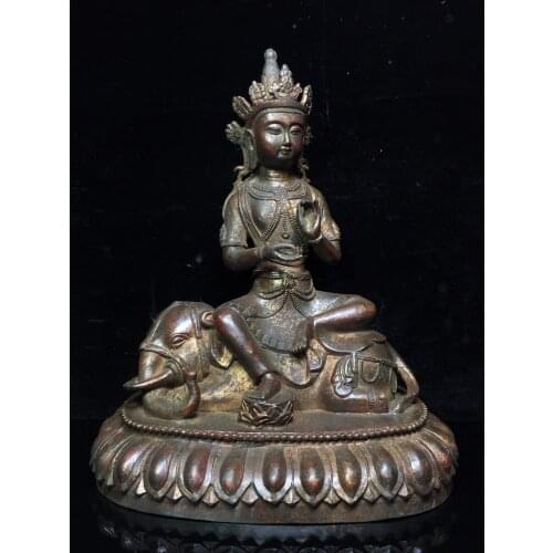 Home Decor 16"Tibet temple Old Bronze Cinnabar Lacquer Samantabhadra statue Guanyin Bodhisattva Riding an elephant Enshrine