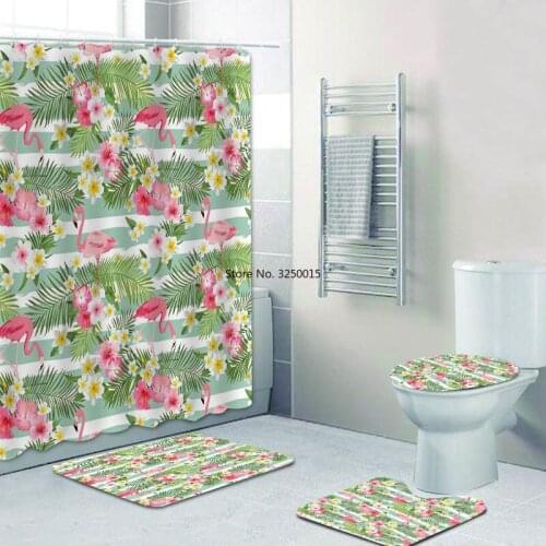 Home Decor Vintage Tropical Flamingo Shower Curtain Set Beautiful Flamingos Birds and Flowers Bath Curtain for Bathroom Mat Rugs