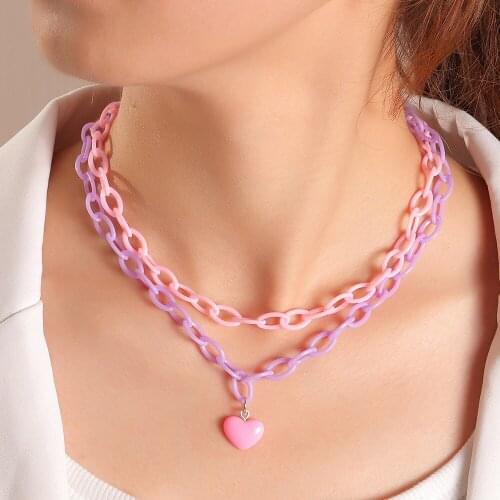 Punk Hiphop Double Layer Link Chain Choker Necklace Simple Pink Heart Pendant Necklace for Women Fashion Statement Party Jewelry