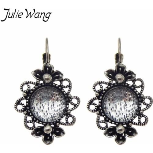 Julie Wang 2 Pairs Antique Color Alloy Ear Clip Cabochon Setting Tray Bezel With Glass DIY Women Girls Clip Earrings Jewelry