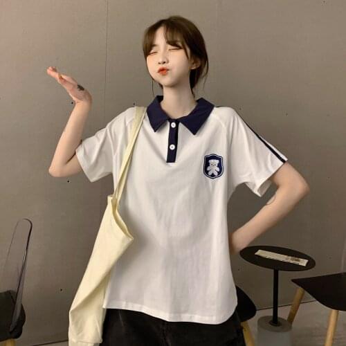 Lapel polo cute sweet wind T-shirt wild loose 2021 summer new Korean version of the bear applique college style