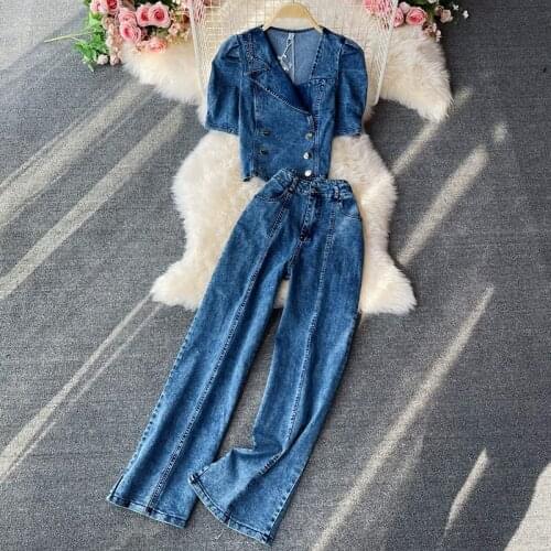 Fashion Denim Two Piece Set Jeans Suit For Women 2021 Summer All-Match Short Suit Collar Top High Waist Thin Wide-Leg Pants zh79