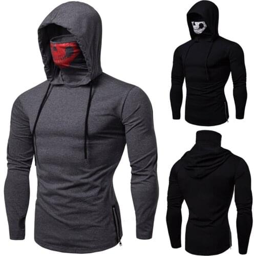 2020 Spring and Autumn New mens stretch fitness hoodie with long sleeves and face mask slimming hip hop mens hoodie