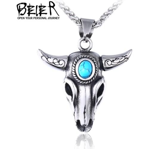 Beier 316L stainless steel viking Sheep head zircon Amulet scandinavian pendant necklace fashion for men jewelry LHP116