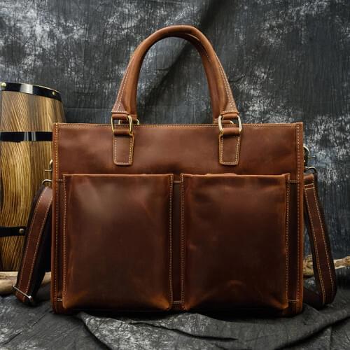 Mens vintage crazy horse leather briefcase fit 14" Laptop bag High quality real Leather work tote business bag shoulder bag