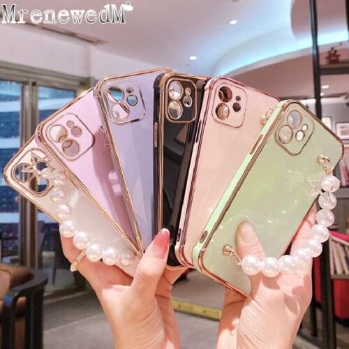Luxury Plating Pearl Bracelet Wrist Chain Case For iPhone 12 11 Pro X XR XS Max Mini 7 8 Plus SE2 Soft Silicone Back Phone Cover
