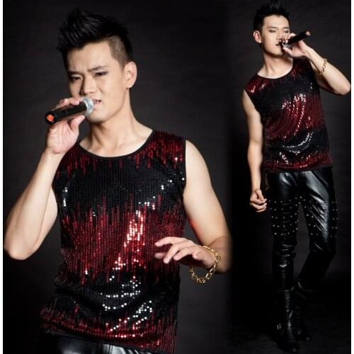 2020 New Jazz Dance Harem Tops For Men Rock Bar Dj Dancers Stage Original Singer Hip Hop T-shirt Sequin Hairstylist Vest BD119