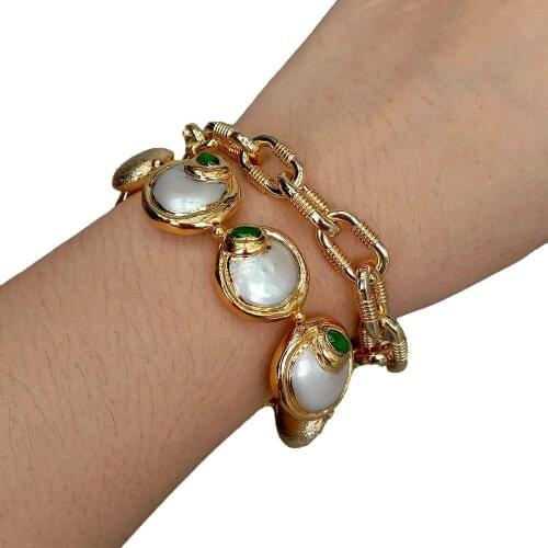 YYGEM Gold Plated Chain White Coin Freshwater Pearl With Electroplated Edge Cubic Zirconia Pave Beads Choker bracelet