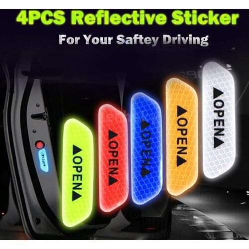 Car 4Pcs Warning Mark Reflective Tape Car Door Sticker Decals OPEN Sign Safety Reflective Strips Universal Safety Mark Stickers