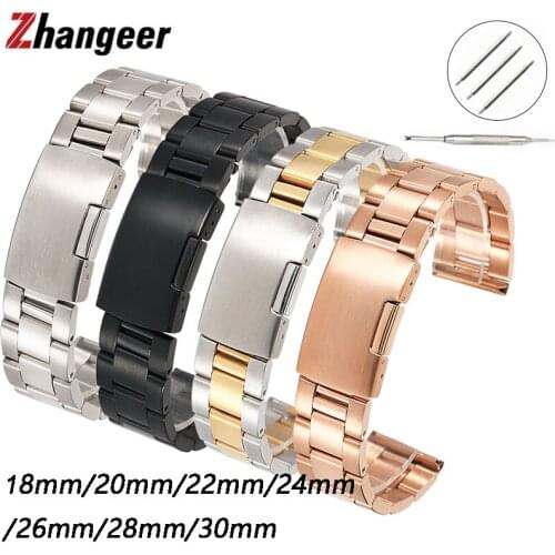 Solid Stainless Steel Watchband 18mm 20mm 22mm 24mm 26mm 28mm 30mm Metal Bracelet Straps Flat Interface Silver Rose Gold Band