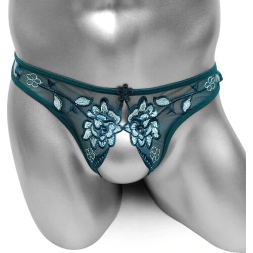 Crotchless Mens Sexy Lingerie Thong Panties For Sissy Embroidery Mesh Underwear G string Gay Bikini Fashion Funny Sissy Panties