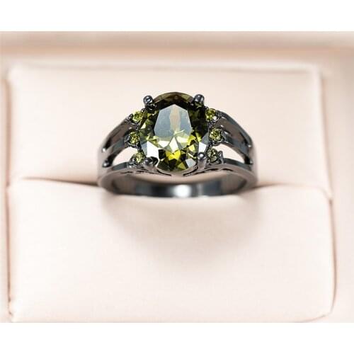Vintage Female Green Crystal Stone Ring Charm Black Gold Color Engagement Ring Cute Bridal Oval Zircon Wedding Rings For Women