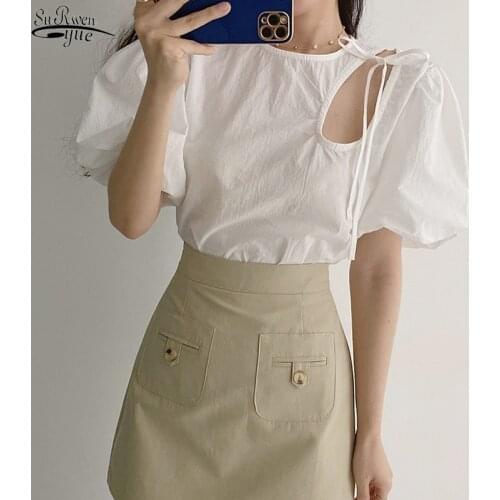 2021 New Chic Bow Tie Big Puff Short Sleeve Tops Summer Hollow Sweet Blouse Women Loose Fashion Solid Casual Shirt Blusas 14295