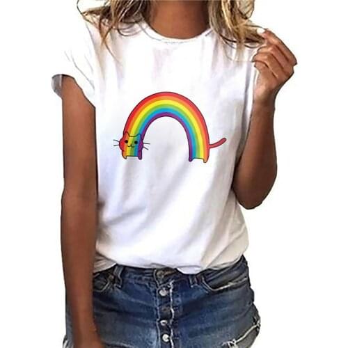2021 Summer Fashion t-shirt Rainbow graphic print T-shirt White Round Neck Short Sleeve Tshirt Harajuku T-shirt Women
