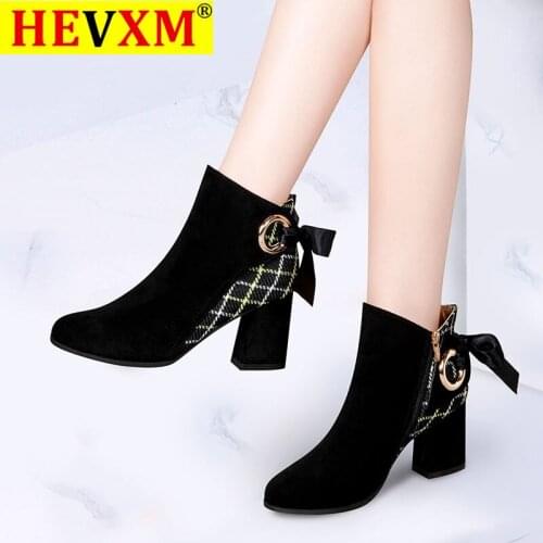 2020 Winter Shoes Women Ankle Boots Back Ribbon Bow High Heels Booties Flock Plaid Cross-tied Dress Shoe Retro Botas Mujer