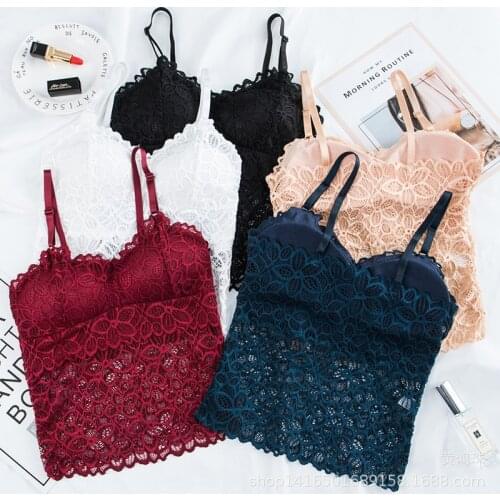 Women Lace Tube Top Flower Camisoles Sexy Crop Top Female Tanks Top Bralette Soft Removable Padded V-Neck Tops