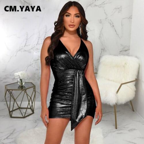 CM.YAYA Women Mini Dress Solid Sleeveless V-neck Skinny Bodycon Stretchy Dresses Sexy Night Clubwear Summer Outfits 2021
