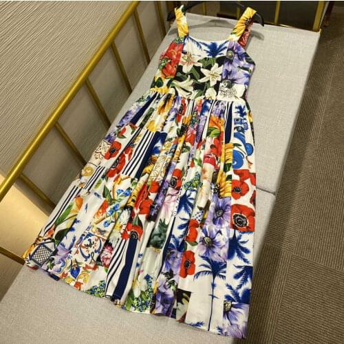 Runway 2021 Summer holiday Sexy Spaghetti Strap backless midi Dress Womens party Flower Print Dresses Vestdios y449