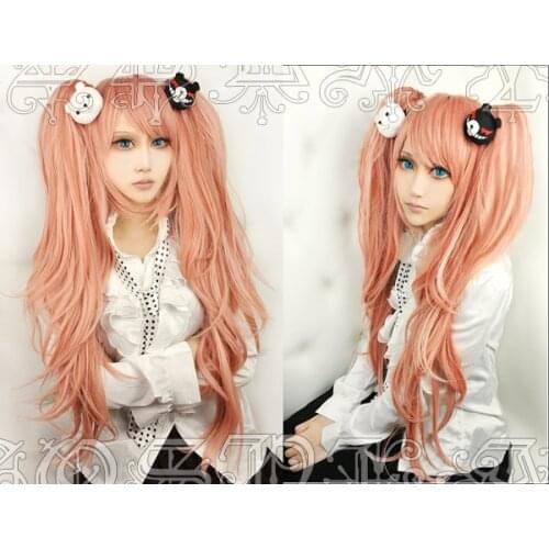 Anime Danganronpa Dangan-Ronpa Junko Enoshima Cosplay Wigs Long Wavy Heat Resistant Synthetic Hair Wig + Wig Cap + Bear Hairpins