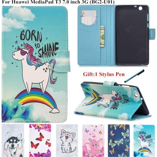 Cute Unicorn Cat PU Leather for Huawei MediaPad Media Pad T3 7 Case 3G Version BG2-U01 7 inch Magnetic Cover for Huawei T3 7