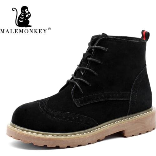 Black Women Boots Winter 2021 Autumn Round Toe Suede Leather Lace Up Platform Ankle Boots Warm Feamle Shoes Clearance