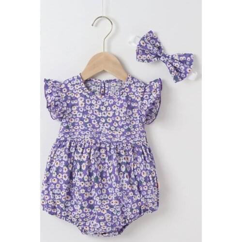 2021 Baby Girl Romper Baby Girl 2 Piece Set Cute Floral Print Flying Sleeve Baby Rompers+bow Headband Baby Clothes Summer 0-18M